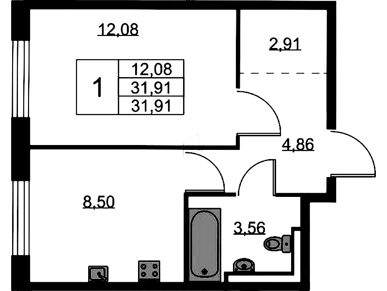 1-комнатная квартира 31.91 м², 1/9 эт., ЖК «Квартал Лаголово»